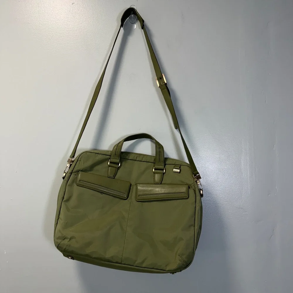 Tumi Olive Green Nylon Laptop Briefcase Messenger Bag Gold Hardware